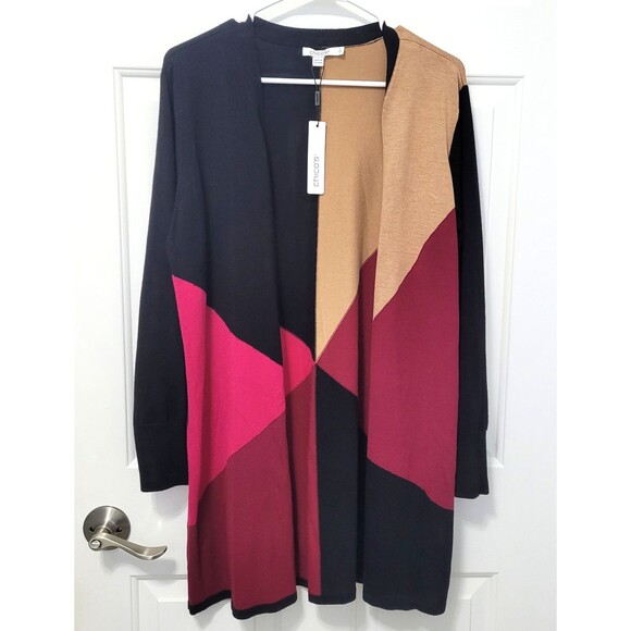 NWT Chico's Size L Colorblock Black Tan Red Open Front Cardigan Career Office - Picture 1 of 5